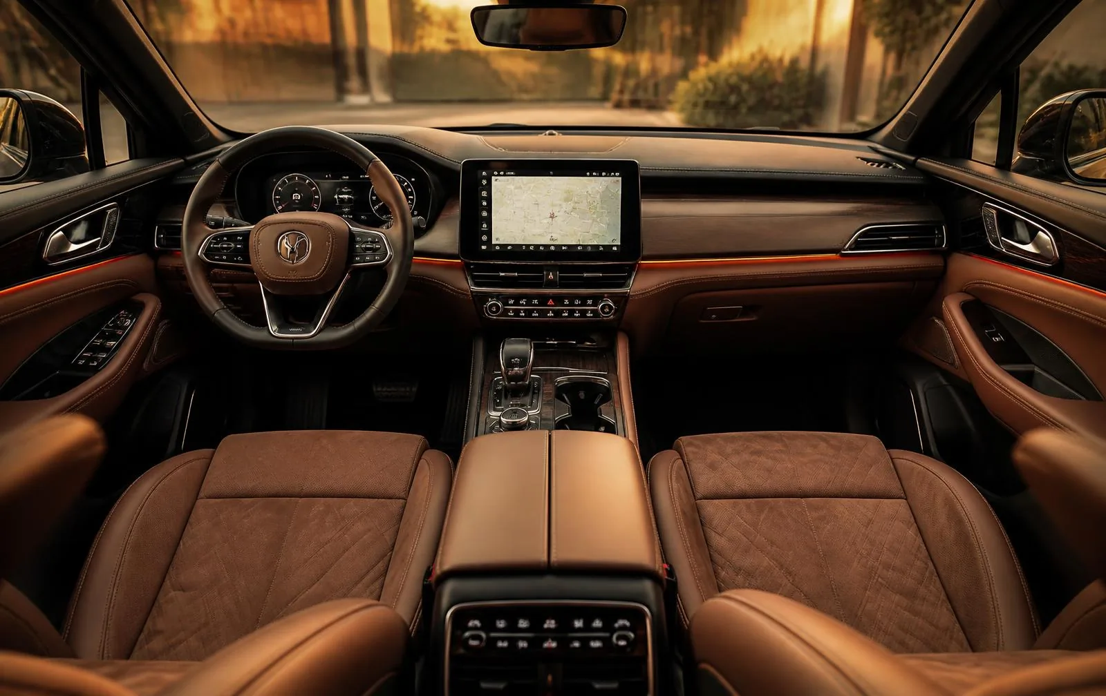 Jeep Grand Cherokee interior with dashboard, touchscreen, and front seating for a Toyota 4Runner comparison