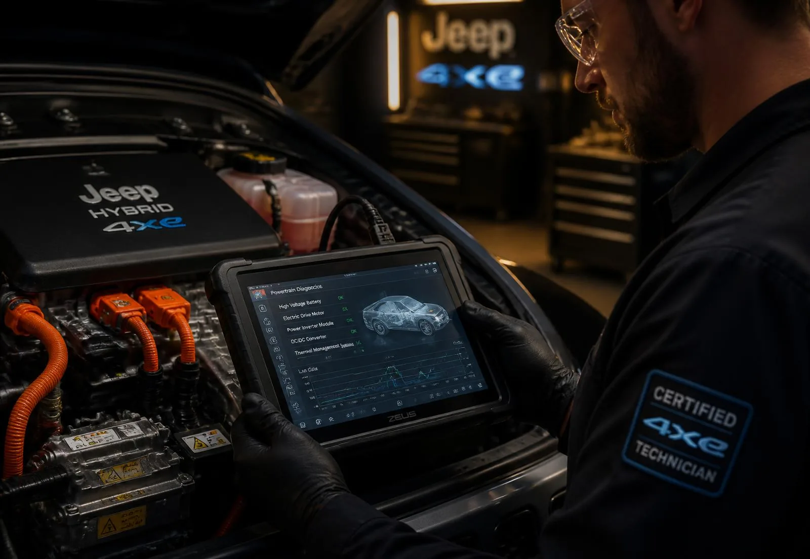 Certified technician running powertrain diagnostics on a Jeep 4xe hybrid