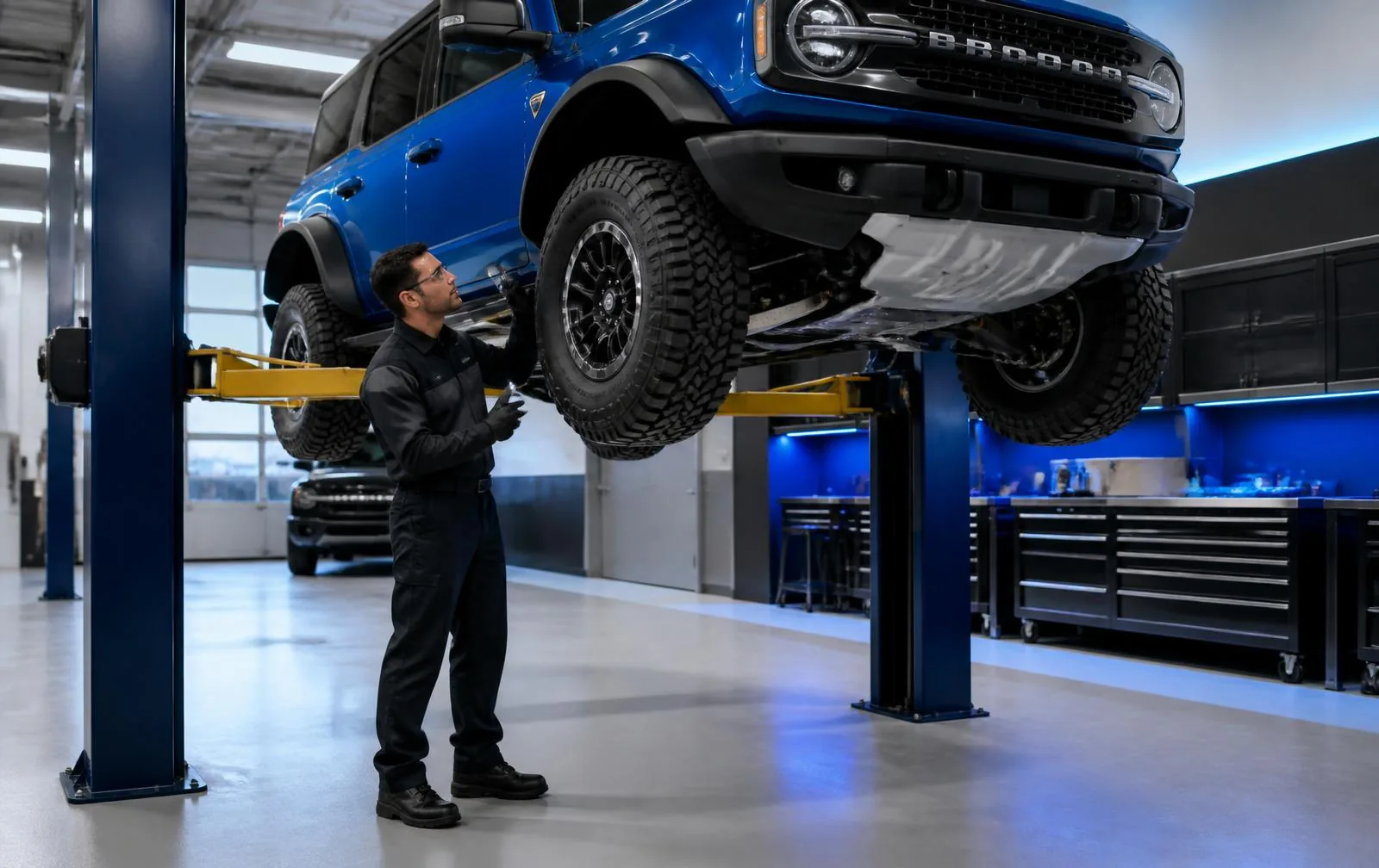 Technician inspecting an off-road SUV on a lift for Jeep Wrangler vs Ford Bronco service comparison