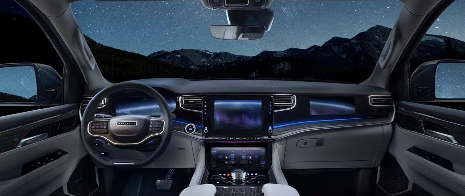 2026 Jeep Grand Wagoneer interior showing quilted leather seating and console