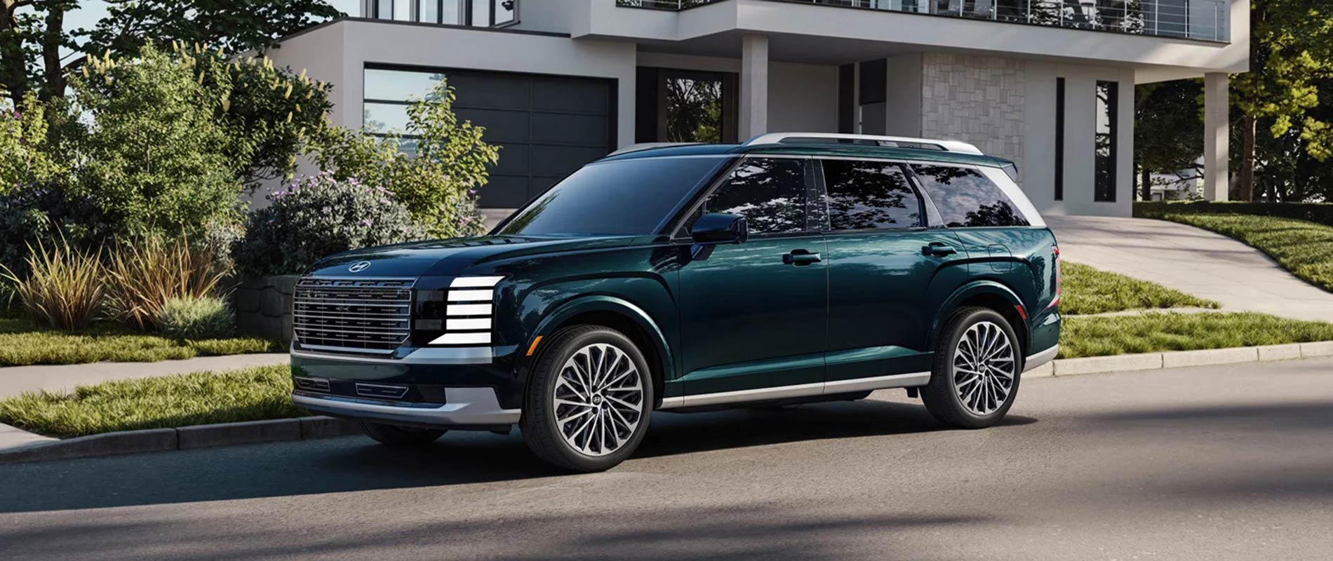 SUVs for Sale Near Orlando, FL A green Hyundai Palisade parked on the street outside a nice house.