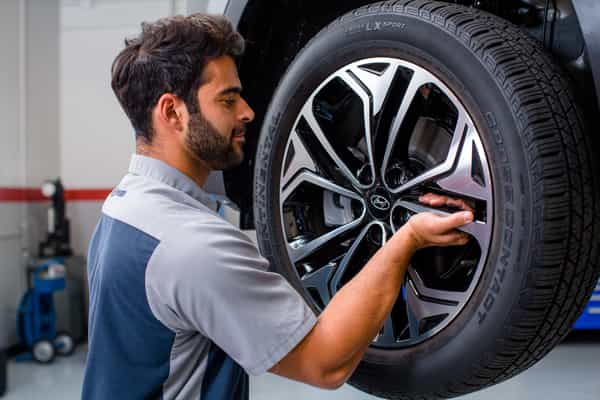 Hyundai Service Technician installing a wheel