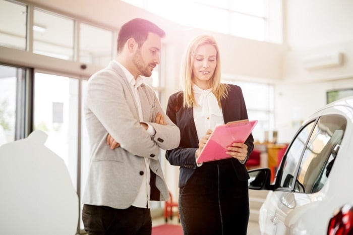 Car Buyer and Sales Rep In Showroom