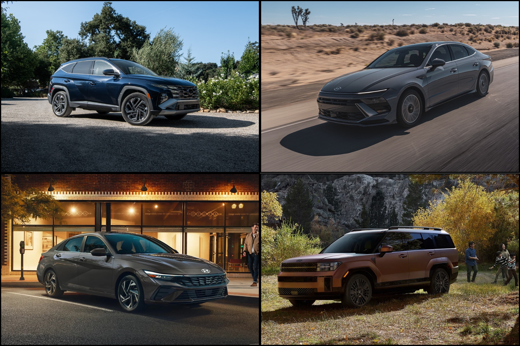 Four-panel image of two Hyundai hybrid SUVs and two Hyunda hybrid sedans