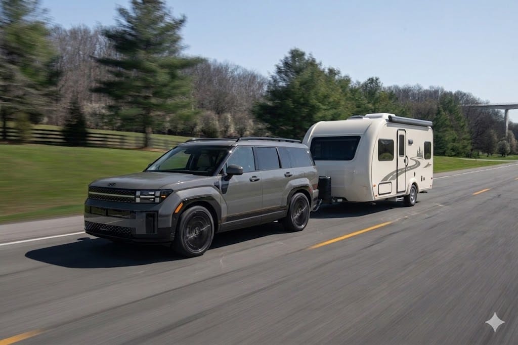 2026 Hyundai Santa Fe towing a camper
