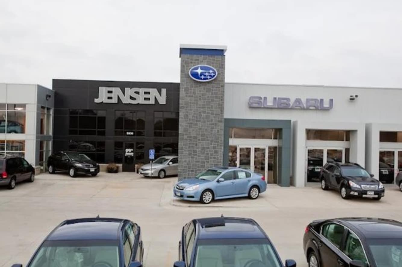 Jensen Subaru front car lot view.