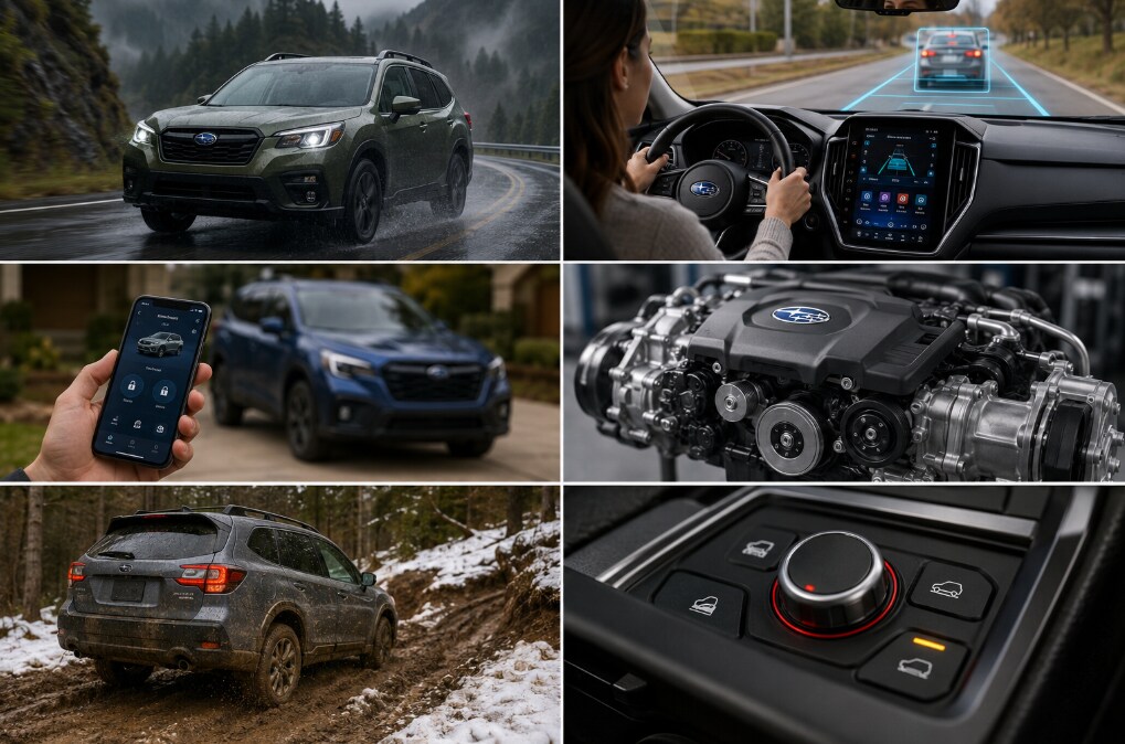 Subaru vehicles showcasing AWD, driver assist, connectivity, and off-road capability