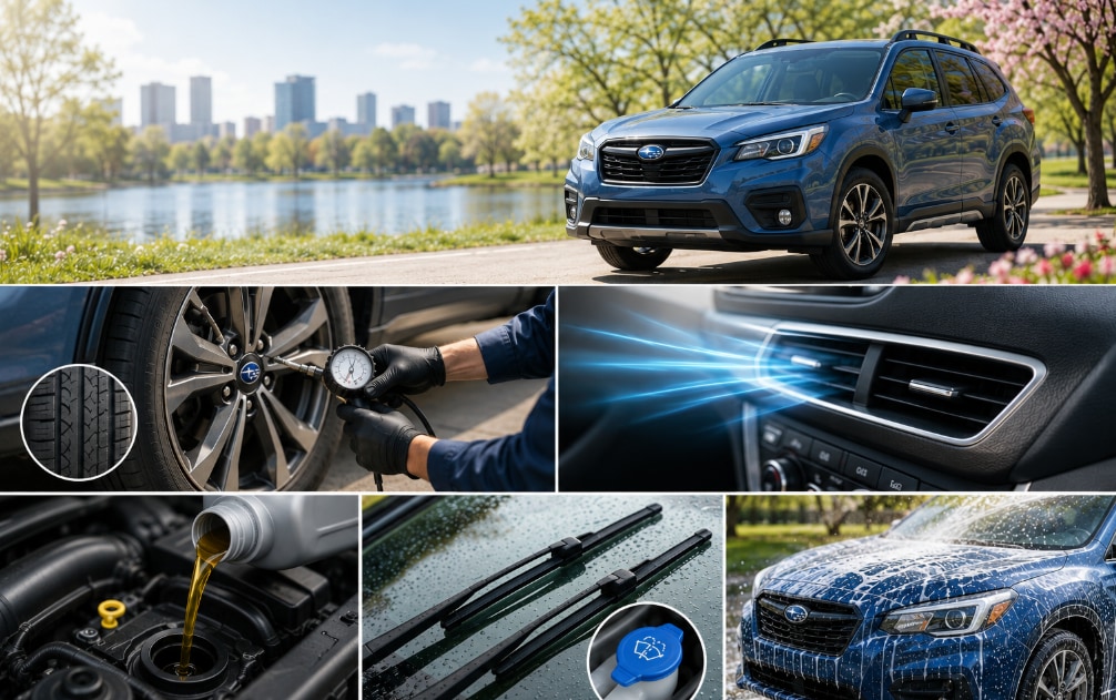 Subaru warm weather service maintenance collage.