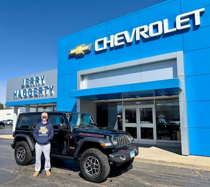 Congratulations previous customer CJ Breen on making a great deal on his new 2024 Jeep Wrangler Rubicon 4-Door 4x4 in Black Clear-Coat all the way from Glenview, IL!!! Thank you from Mike Haggerty and his Jerry Haggerty Chevrolet family for his business and patronage!!!