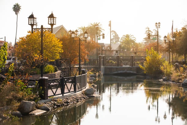 Afternoon autumn view of a public park in downtown Bakersfield, California, USA.