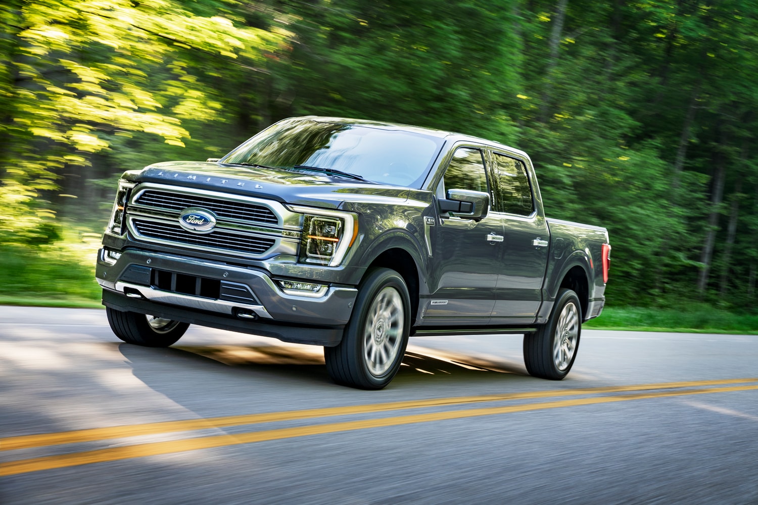 black Ford F-150 truck driving past a blurred green background