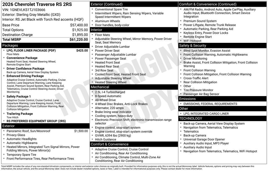 New 2026 Chevrolet Traverse RS SUV