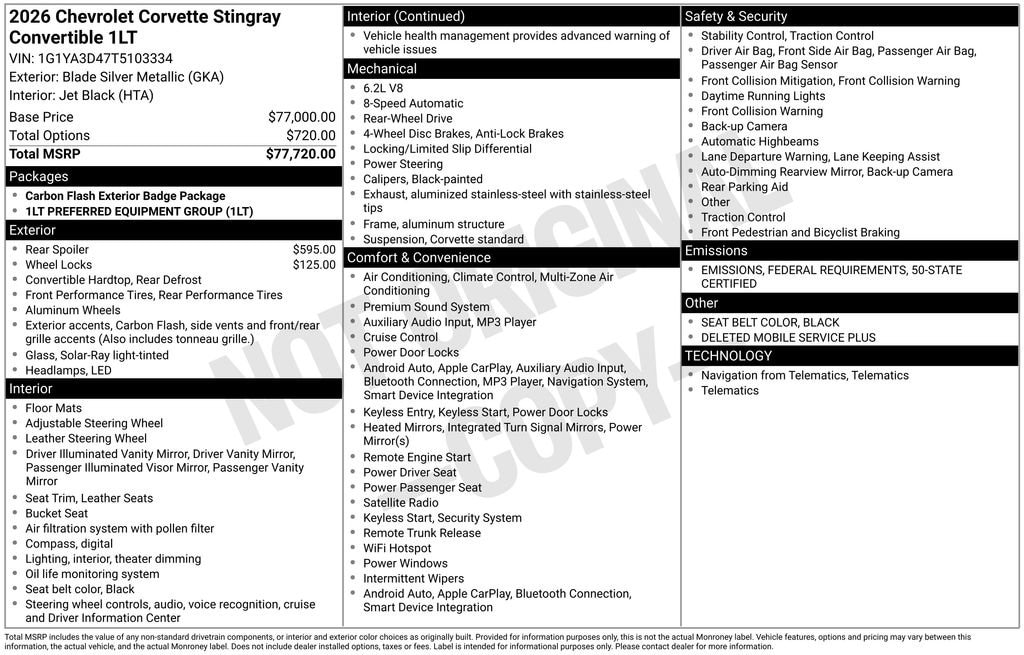 New 2026 Chevrolet Corvette Stingray Stingray w/1LT Convertible