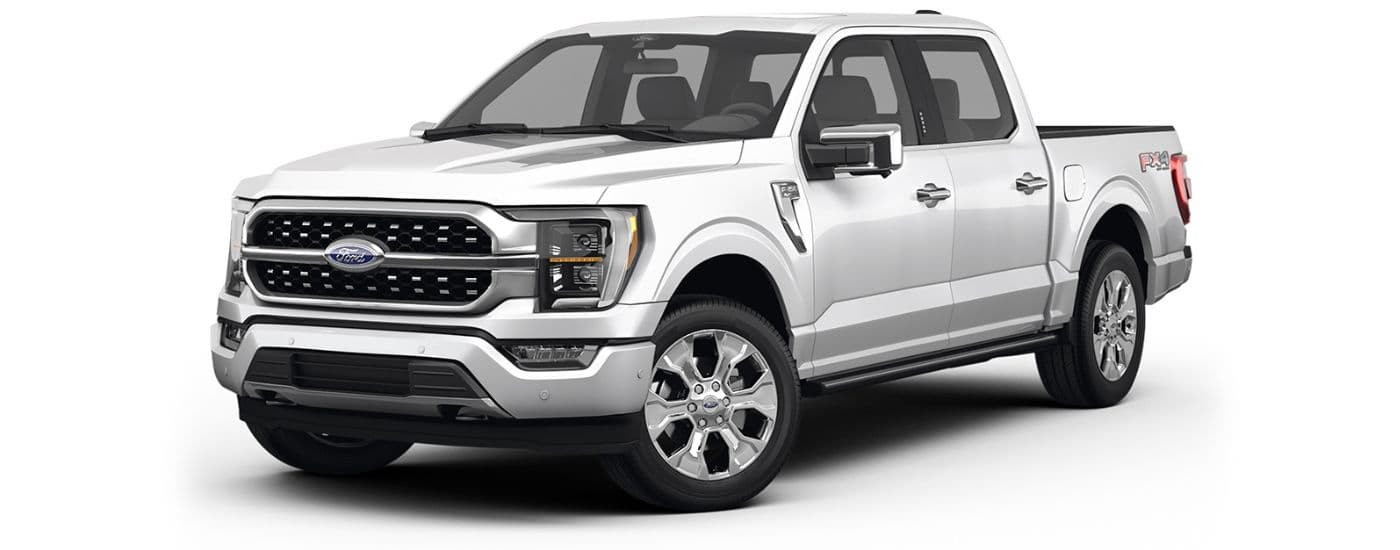 A white 2023 Ford F-150 Platinum is angled left.