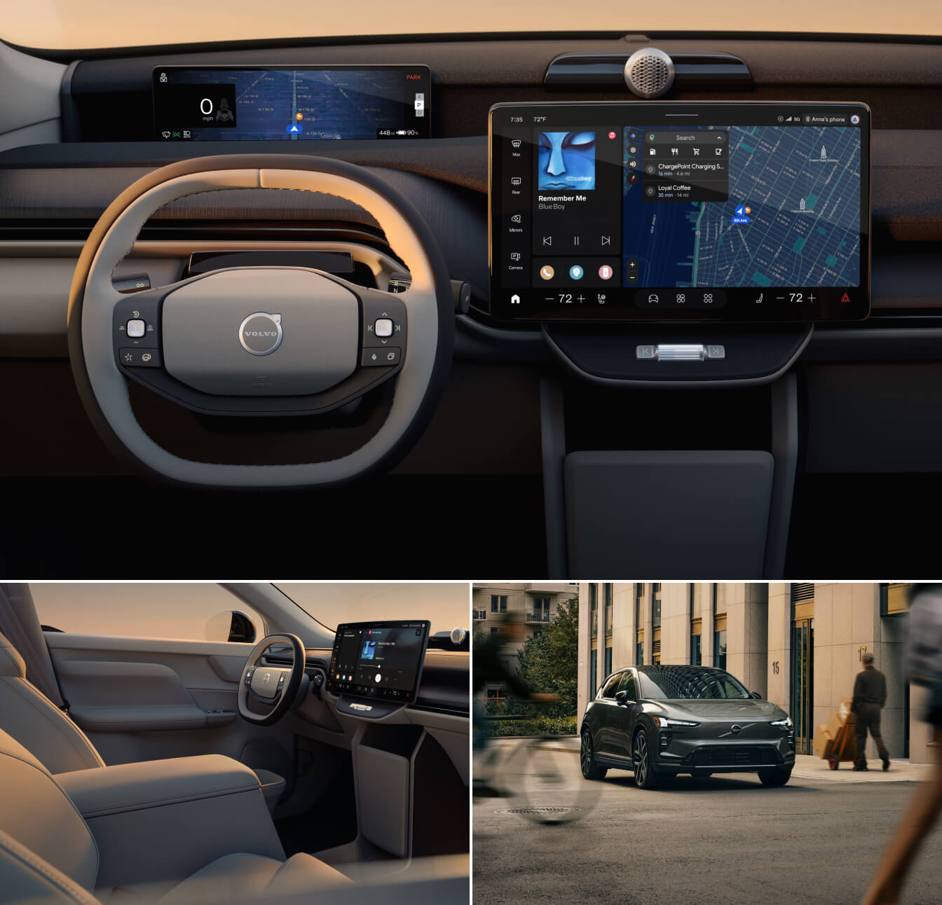 Volvo EX60 interior dash, front seat view, and exterior image