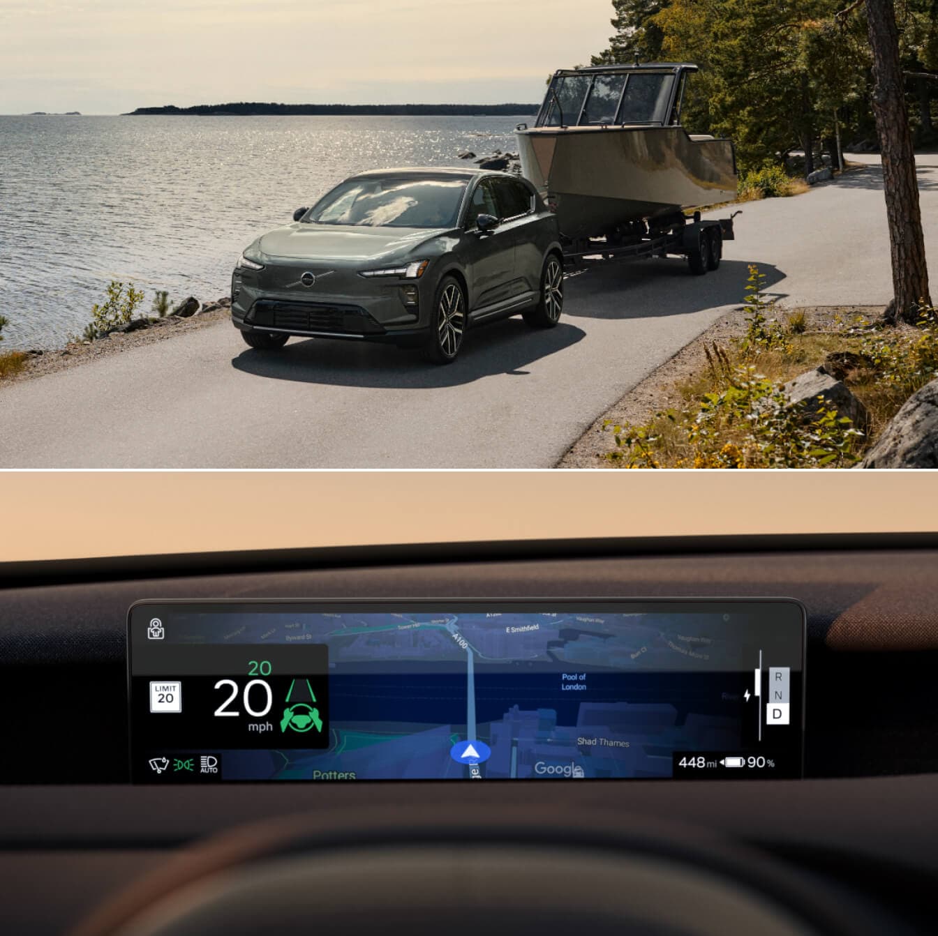 Volvo EX60 towing a boat by a body of water, above an image of the navigation system
