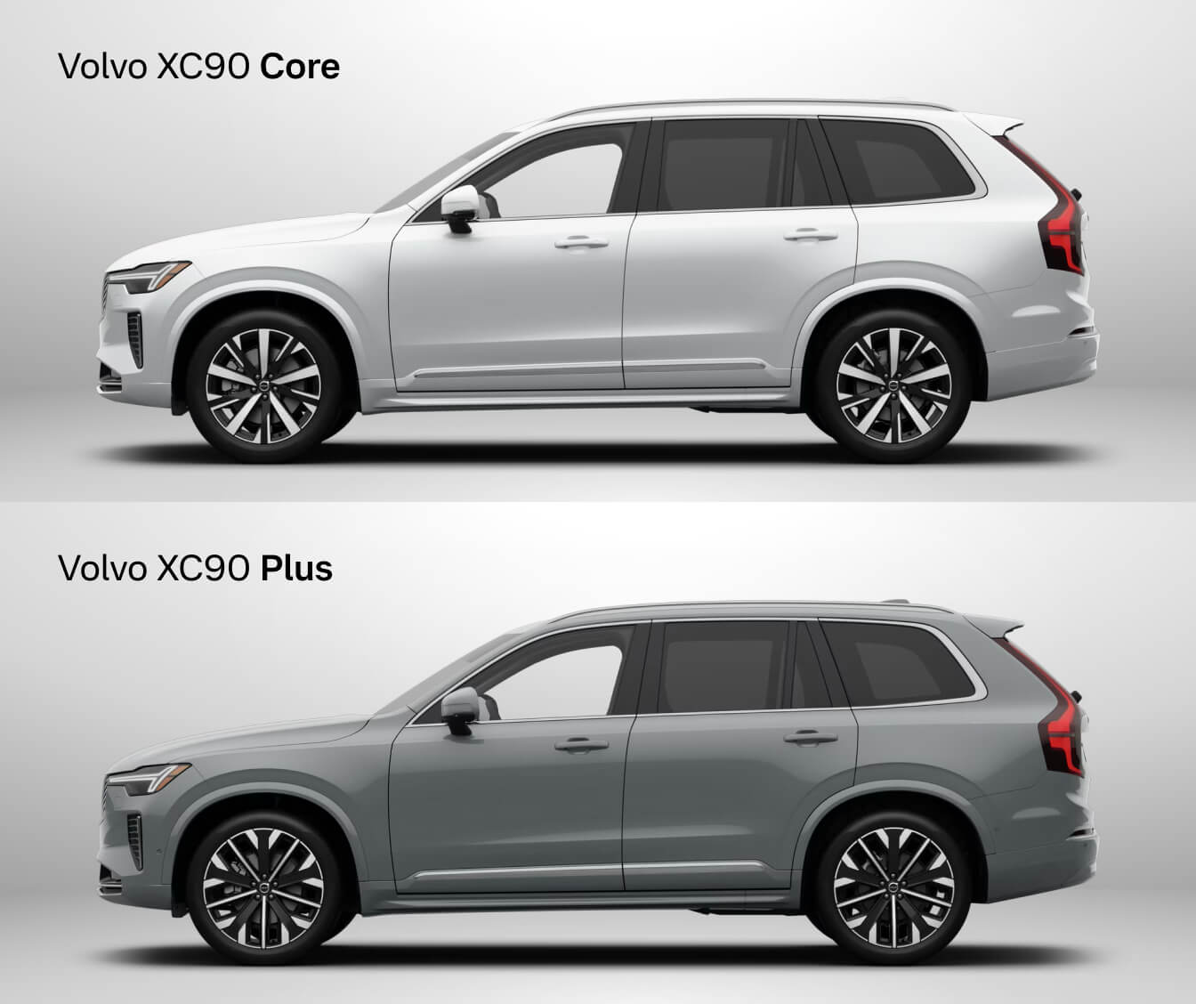 Collage of side view of white Volvo XC90 Core and grey Plus SUVs on a studio background.