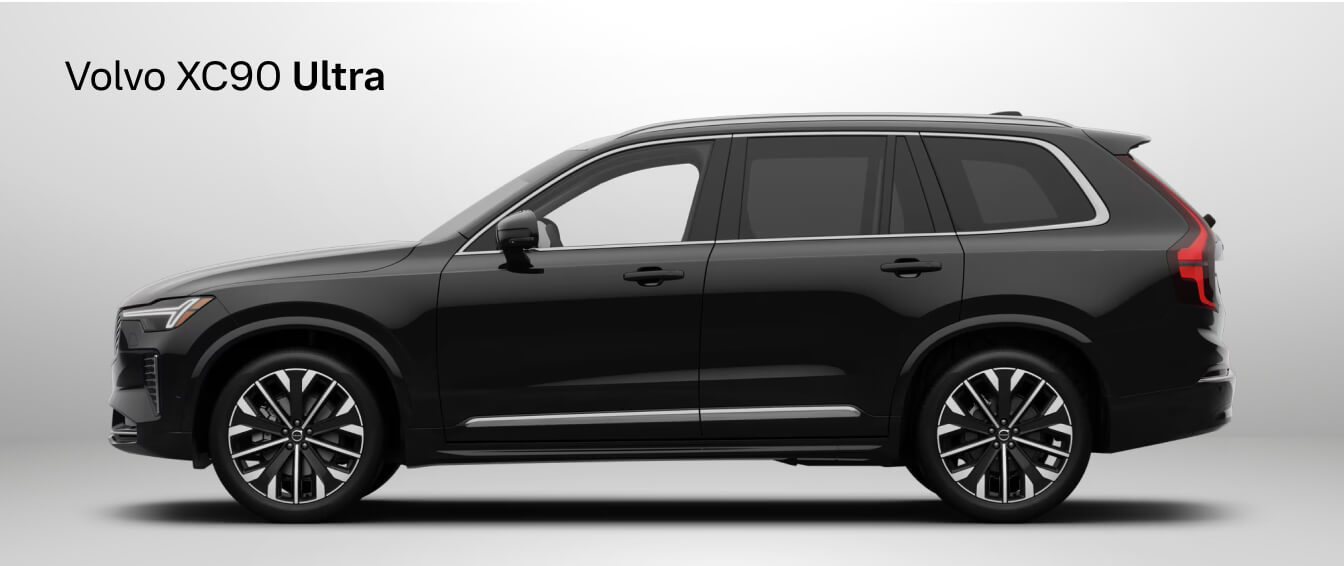 Side view of a black Volvo XC90 Core SUV on a studio background.
