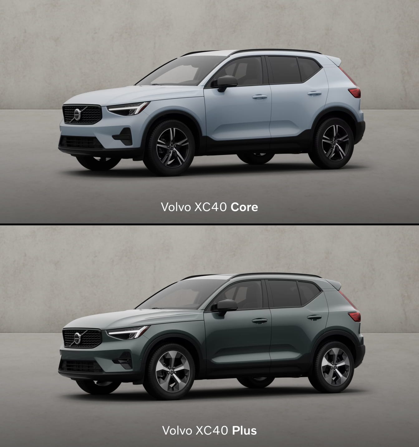 Split image showing two Volvo XC40 SUVs: the top is a light blue 'Core' model, and the bottom is a green 'Plus' model against a neutral background.