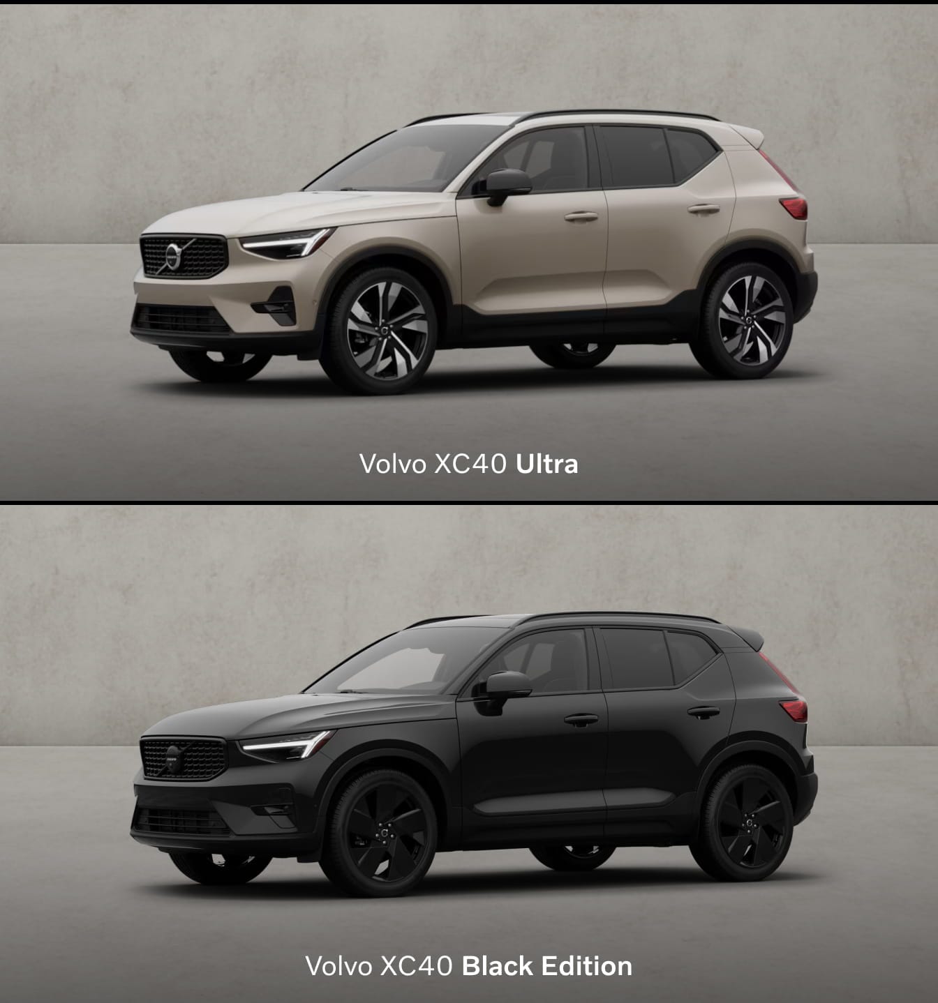 Upper image shows a beige Volvo XC40 Ultra, while lower image depicts a sleek, black Volvo XC40 Black Edition.