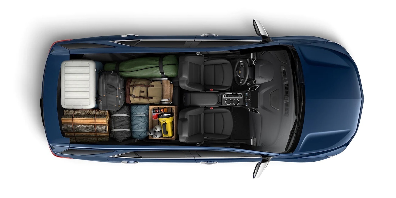 Top down view of blue Chevy Equinox, fully loaded with cargo.