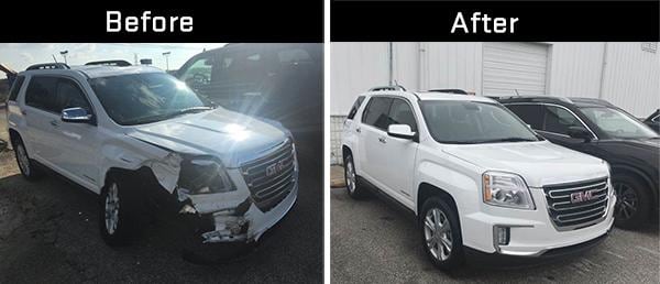 Before and after of a white GMC SUV. The before picture shows serious damage to the front bumper and passenger headlight. The after picture shows the same GMC looking brand new.