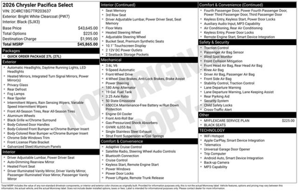 New 2026 Chrysler Pacifica Select Passenger Van