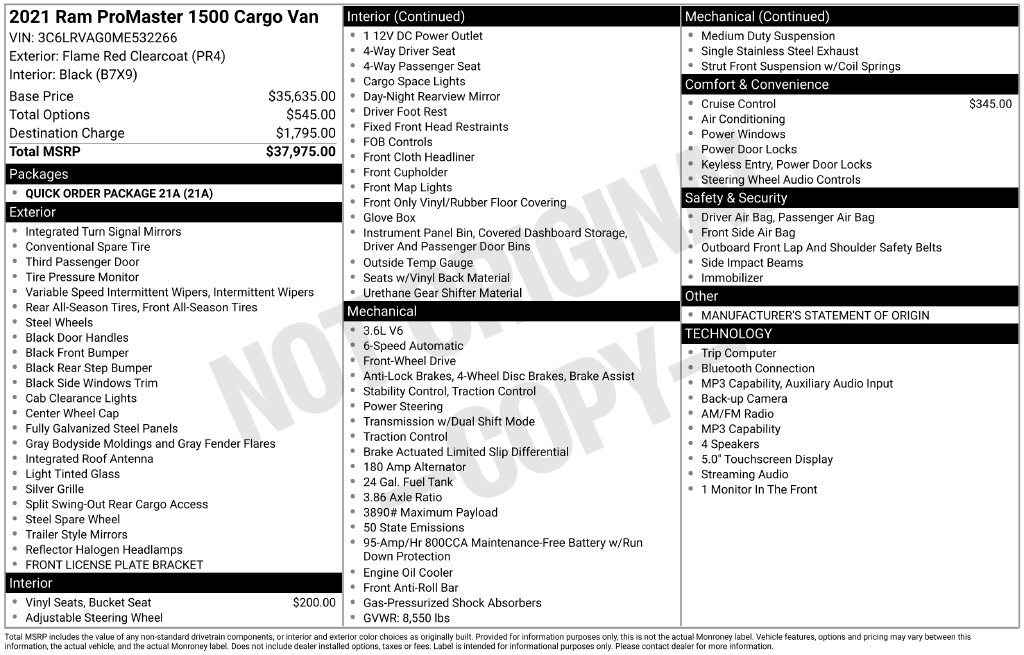 2021 RAM ProMaster Cargo Van