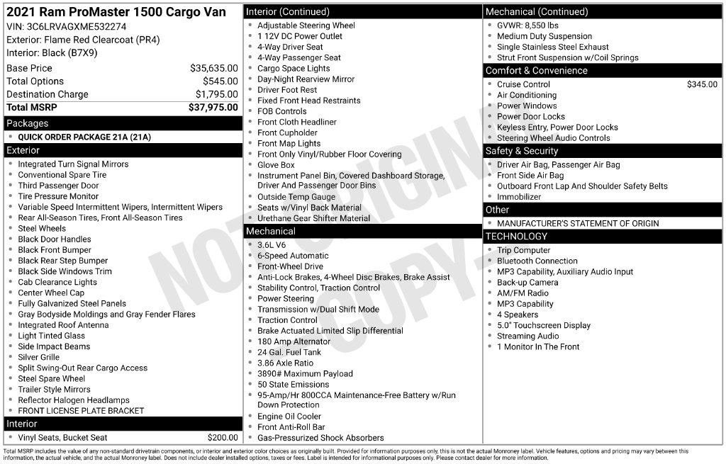 2021 RAM ProMaster Cargo Van