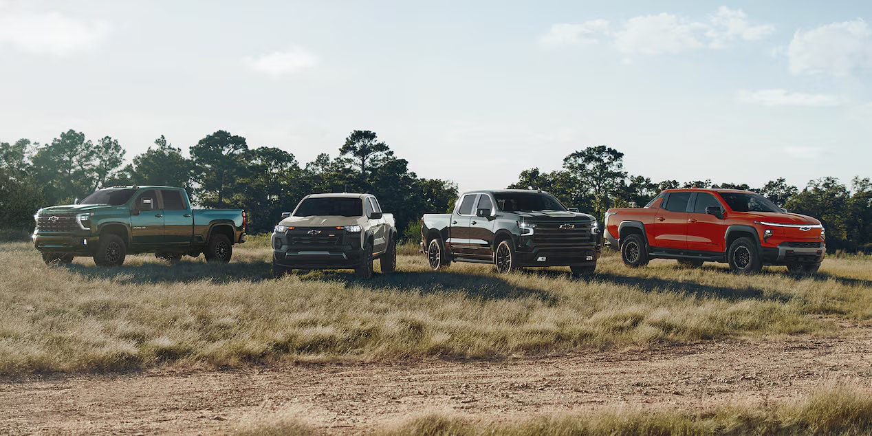 Lineup of 2026 Chevrolet trucks outside