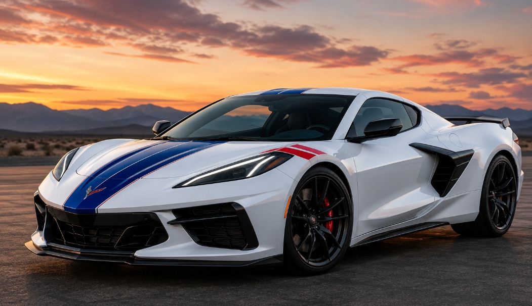 2027 Chevrolet Corvette Grand Sport with dawn skyline.