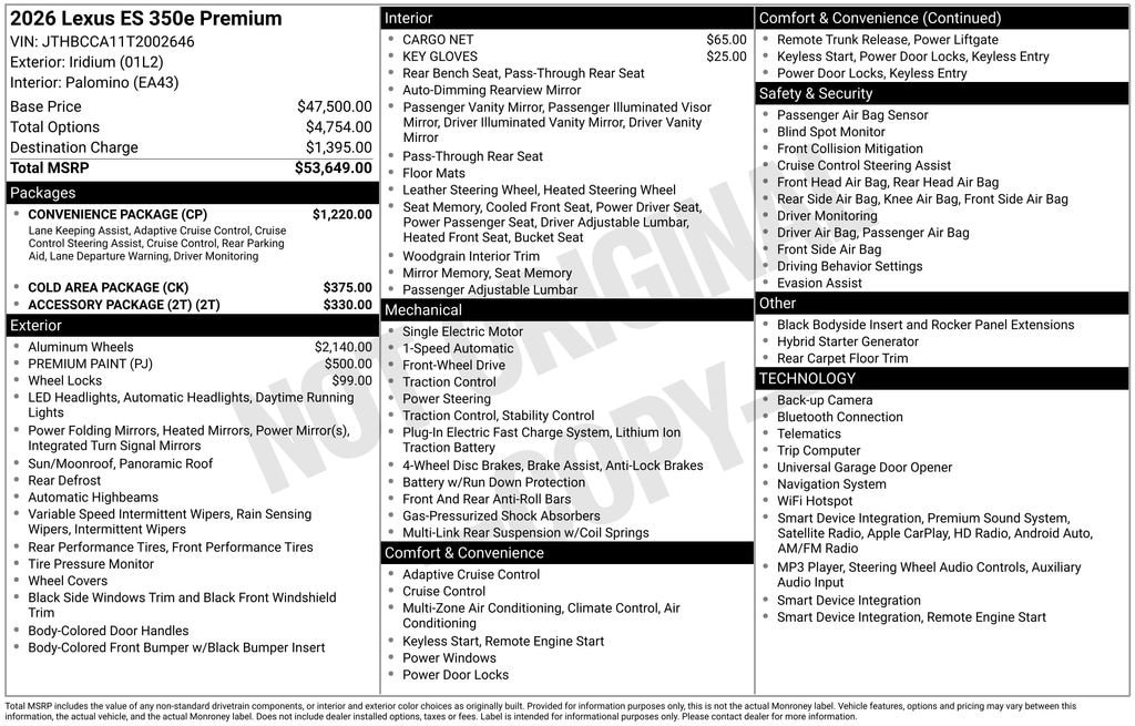 New 2026 Lexus ESe ES 350e PREMIUM PREMIUM