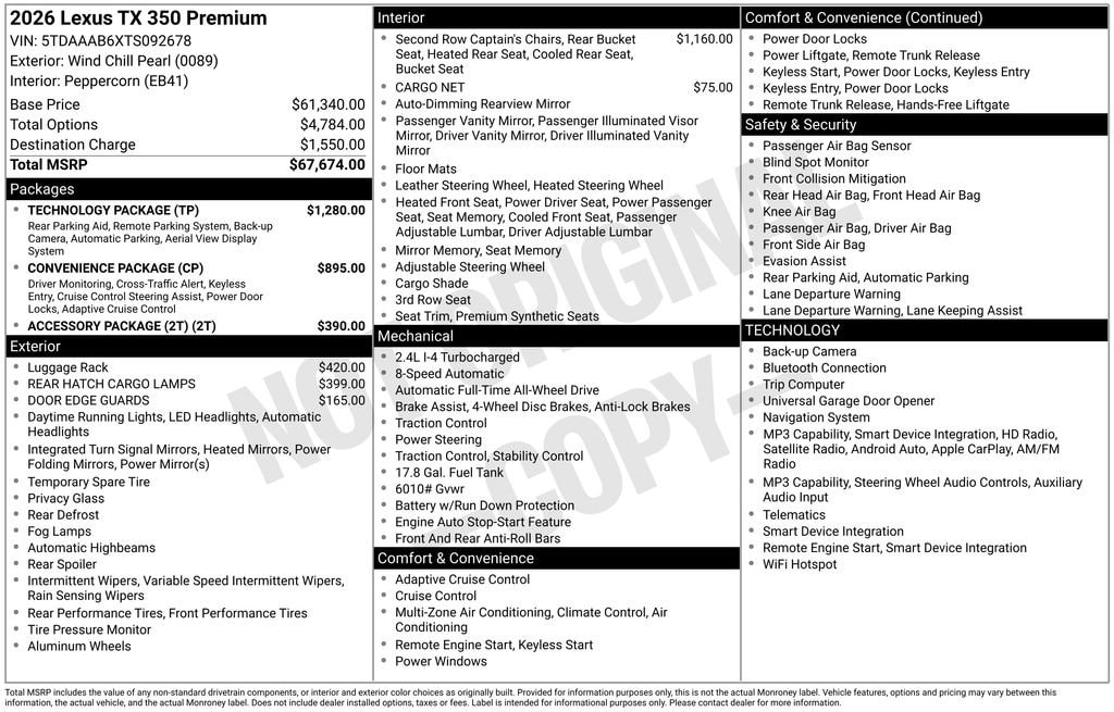 New 2026 Lexus TX 350 Premium TX 350 AWD