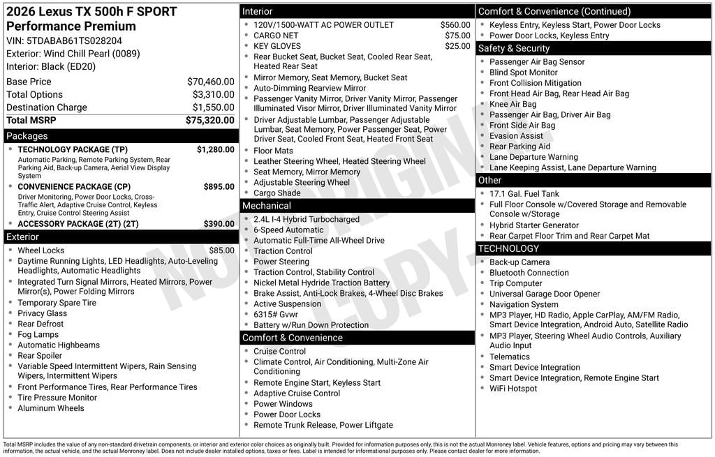 New 2026 Lexus TX 500h F SPORT Performance Premium TX 500h AWD