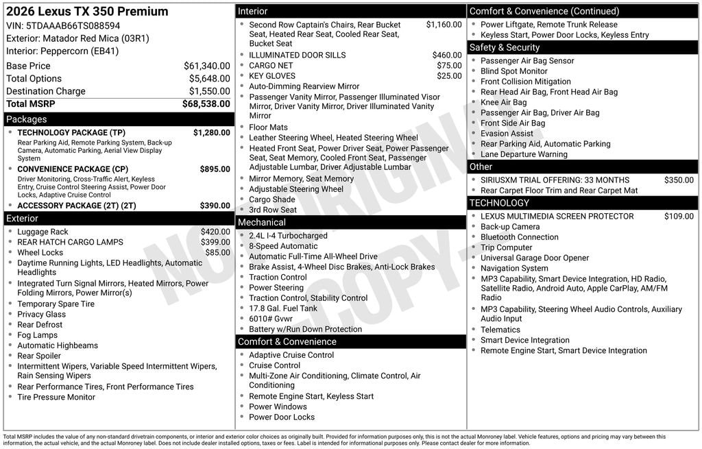New 2026 Lexus TX 350 Premium TX 350 AWD