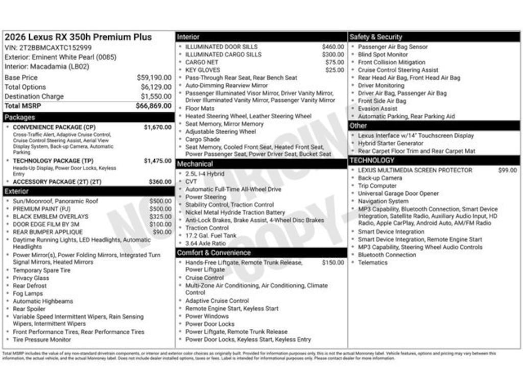 New 2026 Lexus RX 350h Premium+ RX350H PREM+ AWD