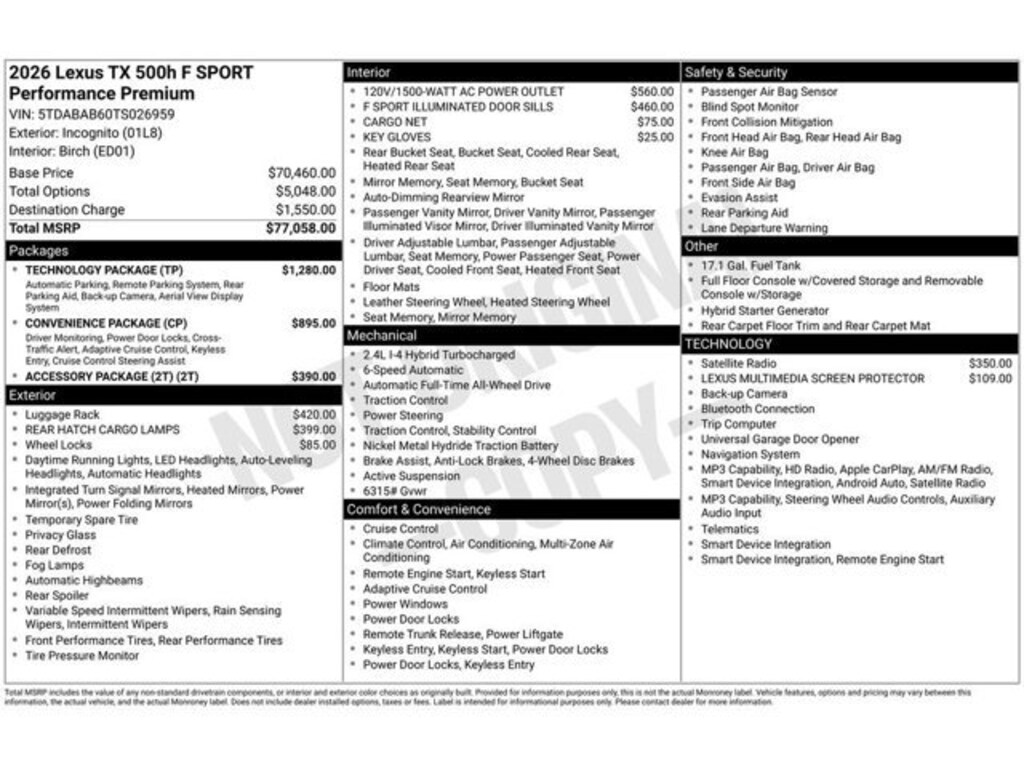 New 2026 Lexus TX HYBRID 500h F SPORT PERFORMANCE PREMIUM AWD TX 500h AWD