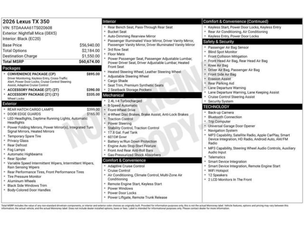 New 2026 Lexus TX 350 TX 350