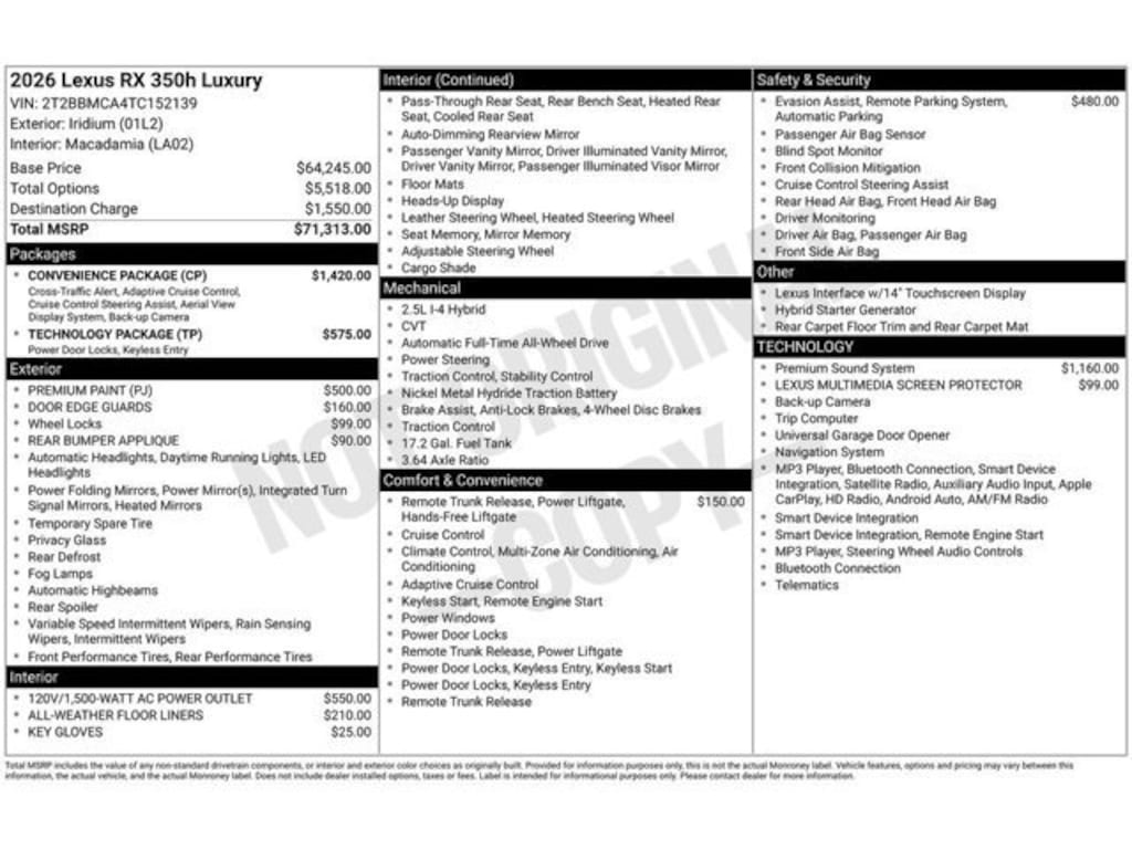 New 2026 Lexus RX HYBRID 350h LUXURY AWD RX 350H LUX AWD