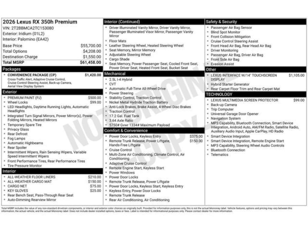 New 2026 Lexus RX 350h Premium RX 350H PREM AWD