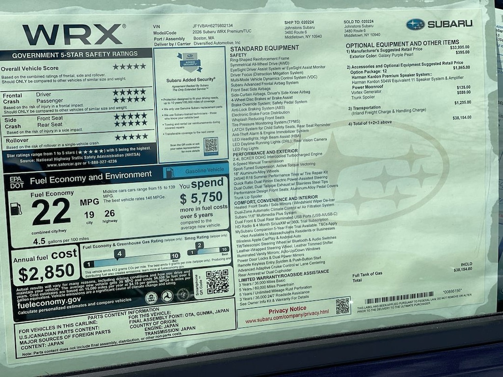 New 2026 Subaru WRX Premium Sedan