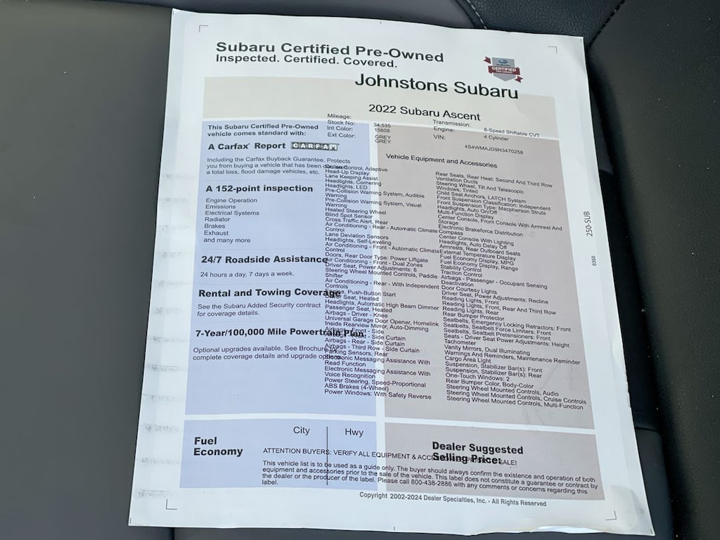 Certified 2022 Subaru Ascent Onyx Edition 7-Passenger SUV