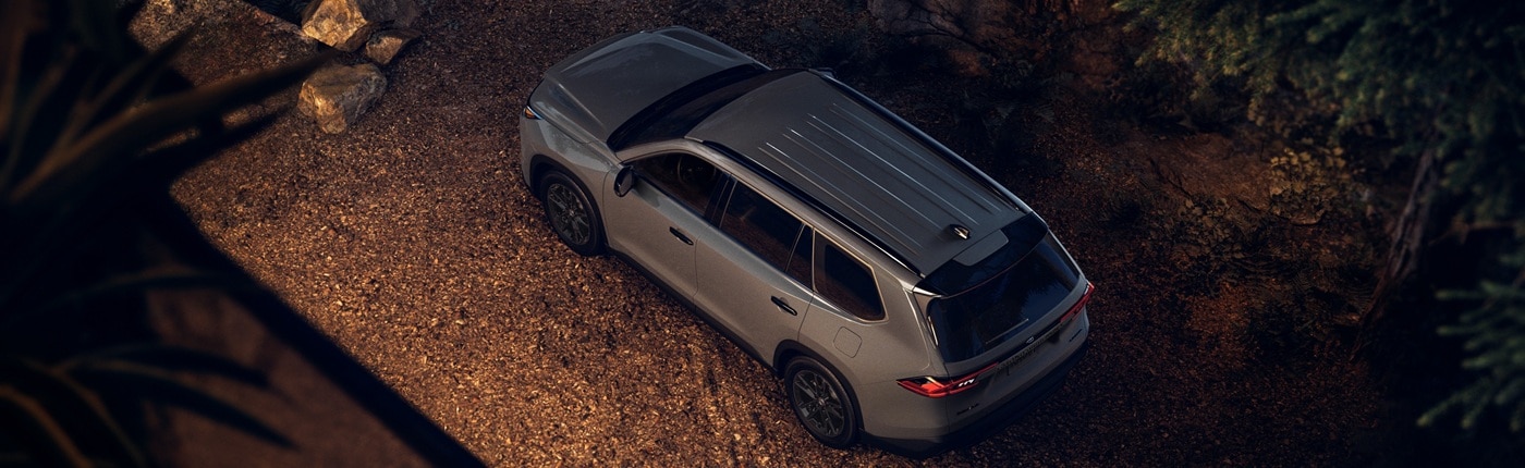 Grey Toyota Grand Highlander Hybrid Limited Nightshade parked in a forest