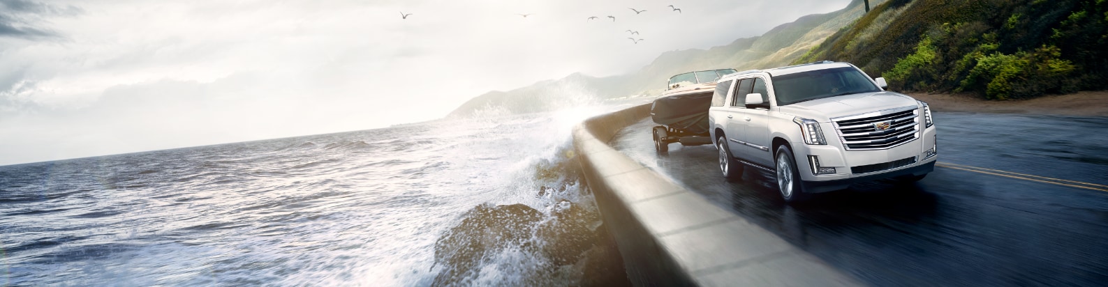White Cadillac driving along side ocean