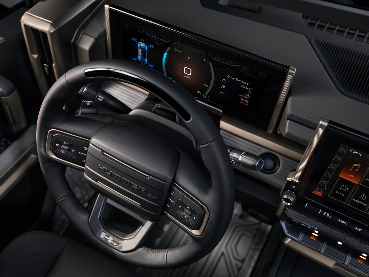  Interior steering wheel and console view of 2025 GMC Hummer EV.