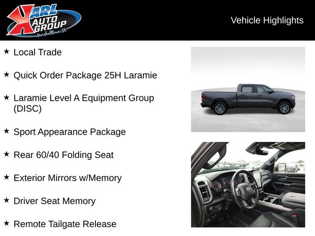 Used 2022 RAM Ram 1500 Pickup Laramie with VIN 1C6SRFRT6NN213938 for sale in Marshalltown, IA