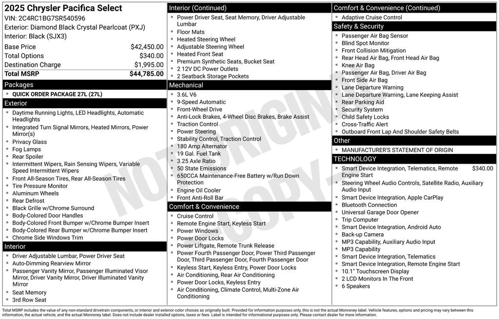 Used 2025 Chrysler Pacifica Select Van Passenger Van