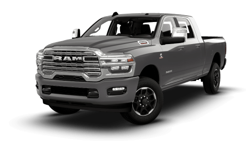 26 RAM 2500 Laramie in Granite Crystal in three quarter angle.