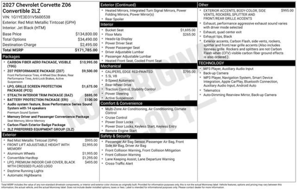 New 2027 Chevrolet Corvette Z06 2LZ Convertible
