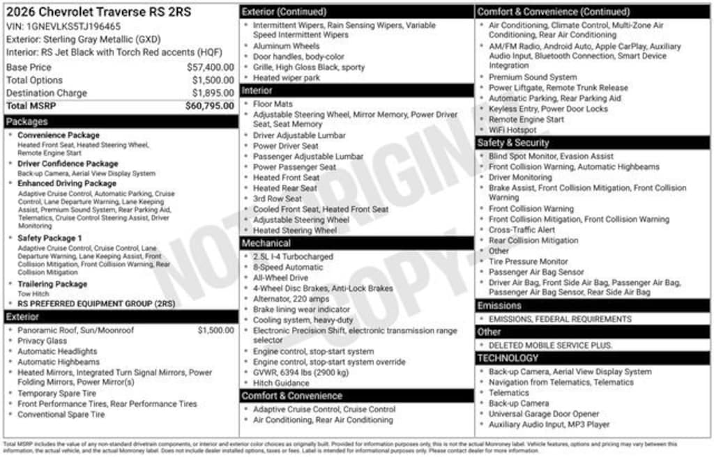 New 2026 Chevrolet Traverse RS SUV